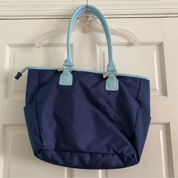 Puma Cartel Tote Bag Dark Blue with Light Blue Trim Silver Hardware Zipper NWT - Picture 3 of 16